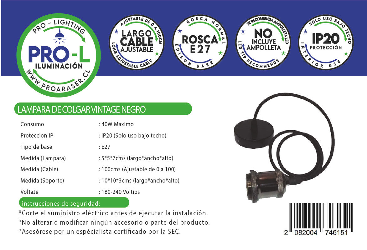 Lampara de colgar Vintage Negro