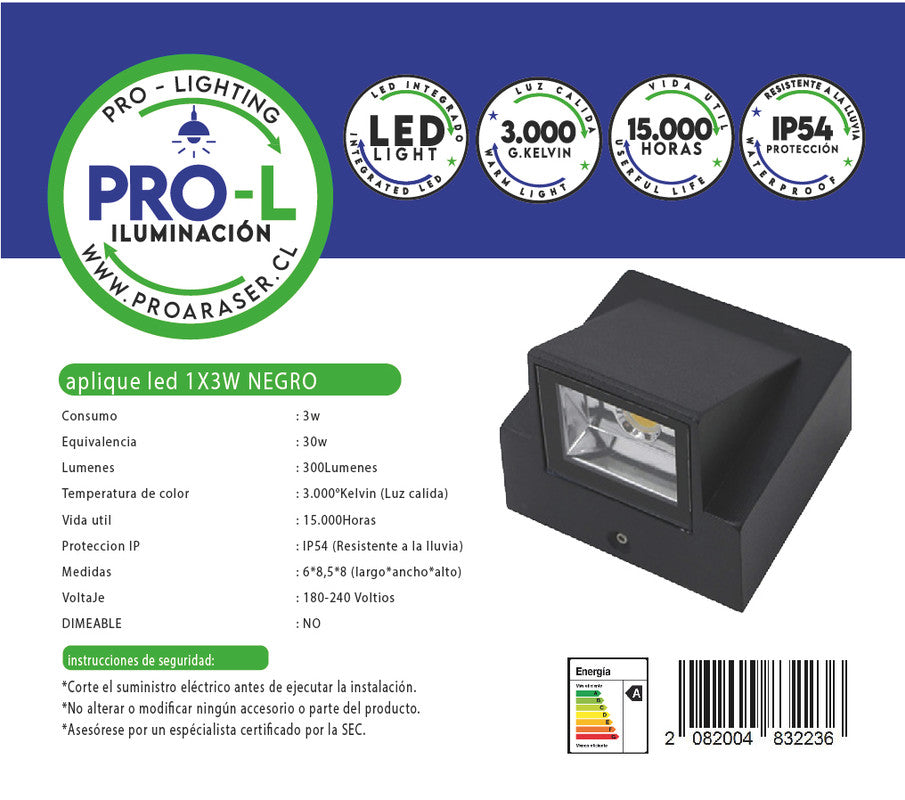 Aplique led 1x3w negro sc