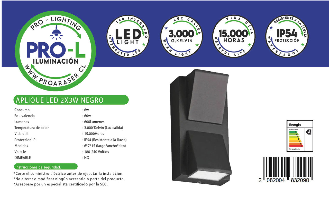 Aplique led 2x3w negro ti