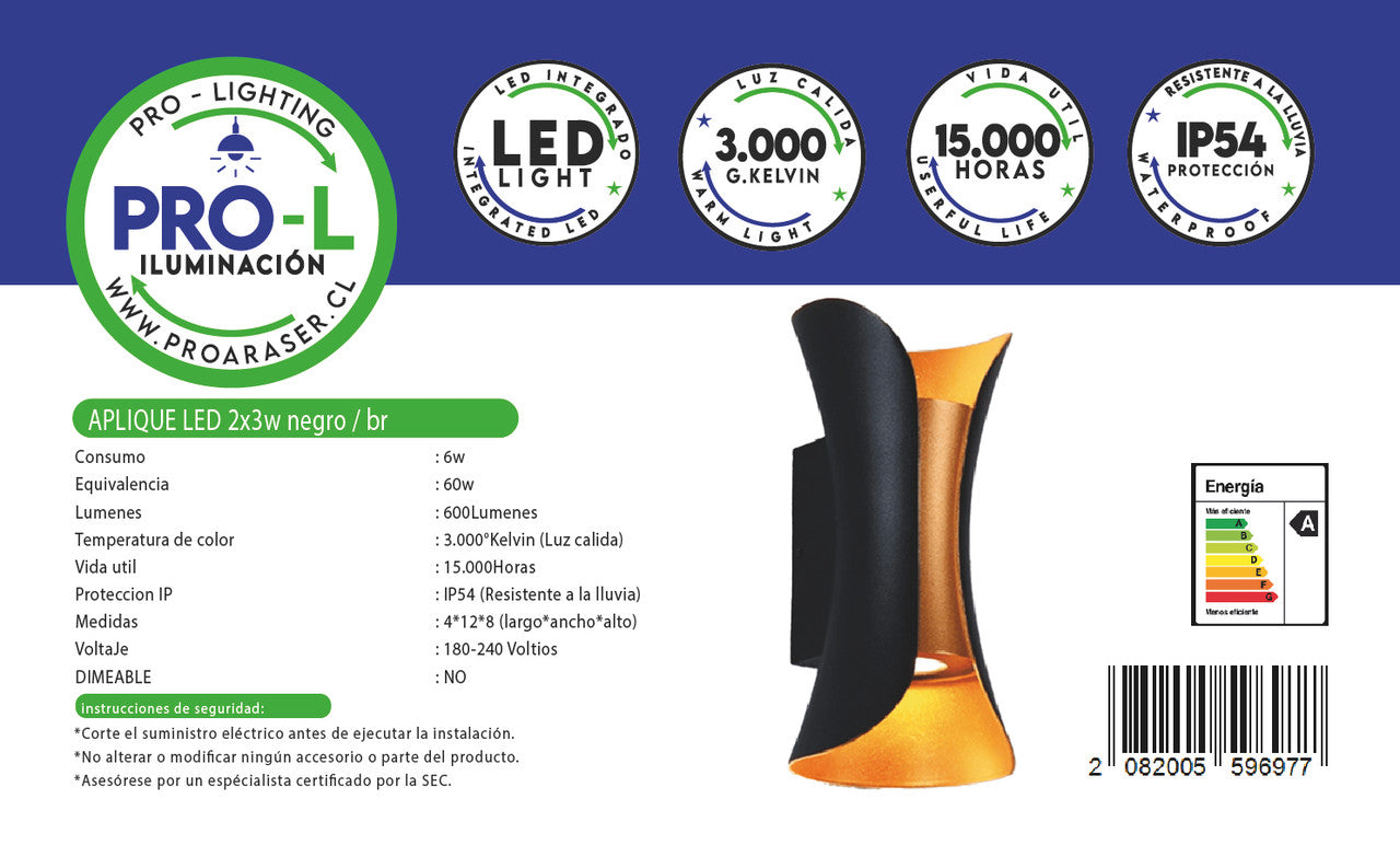 Aplique led 2x3w negro cl