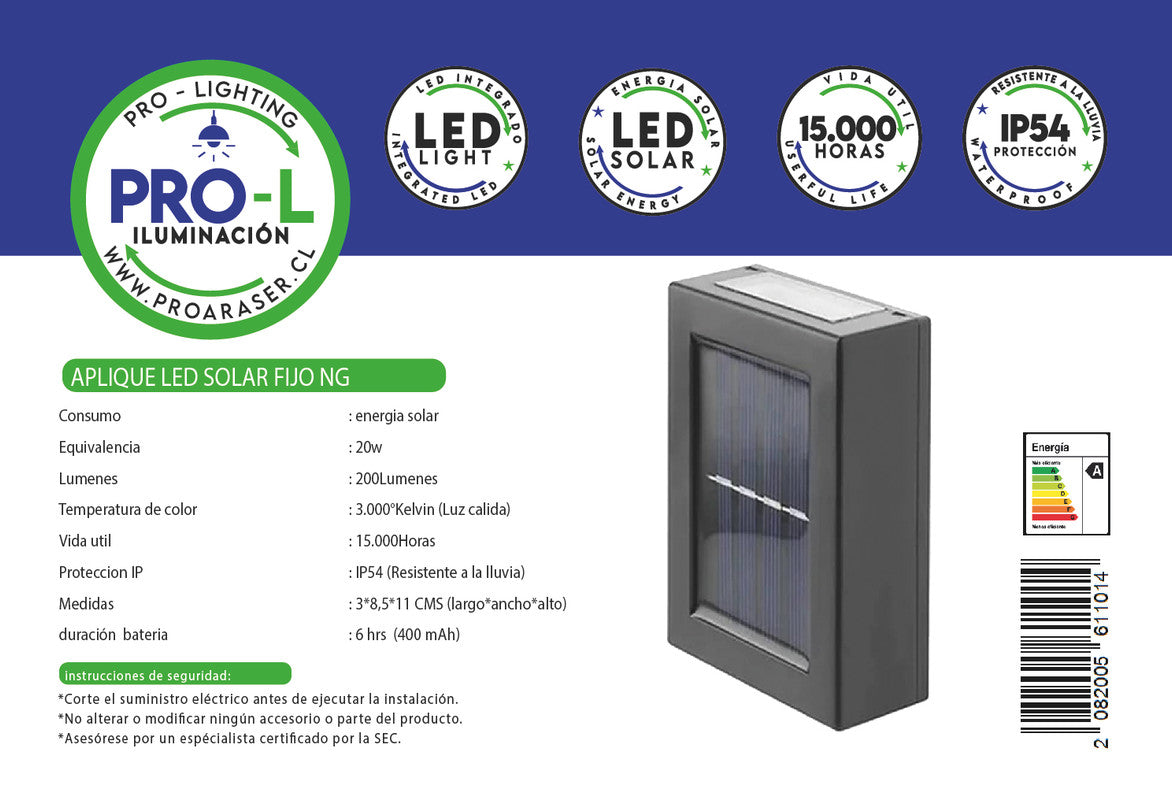 Aplique led solar fijo negro