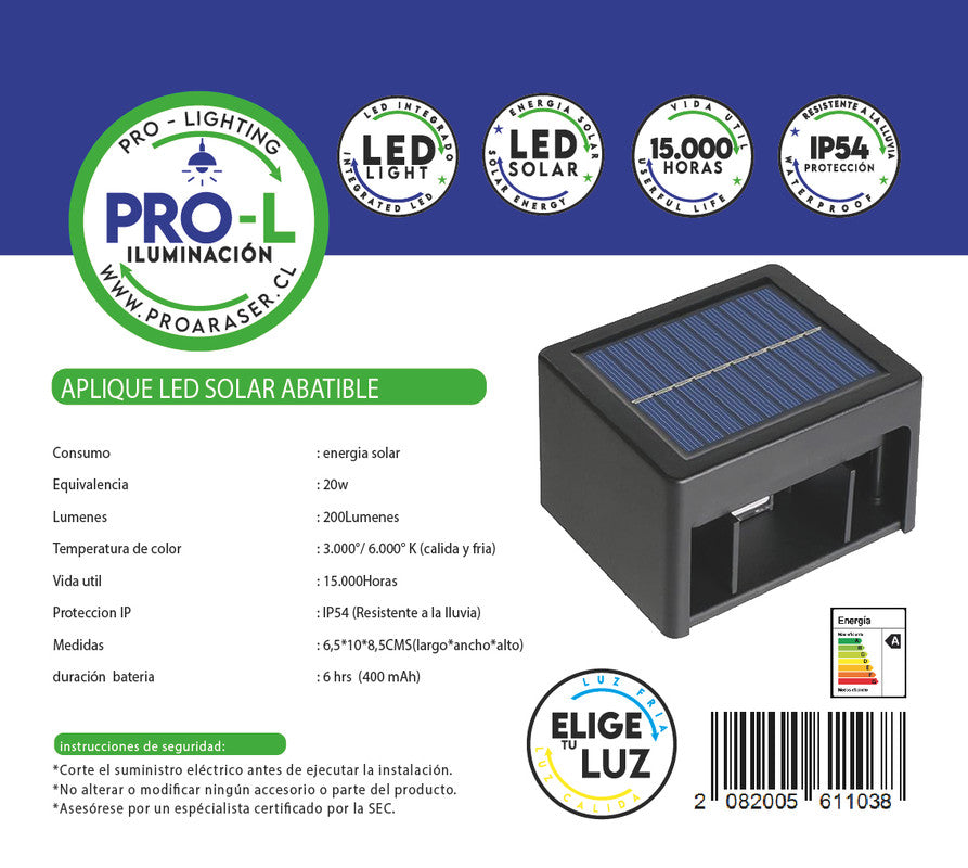 Aplique led solar abatible negro