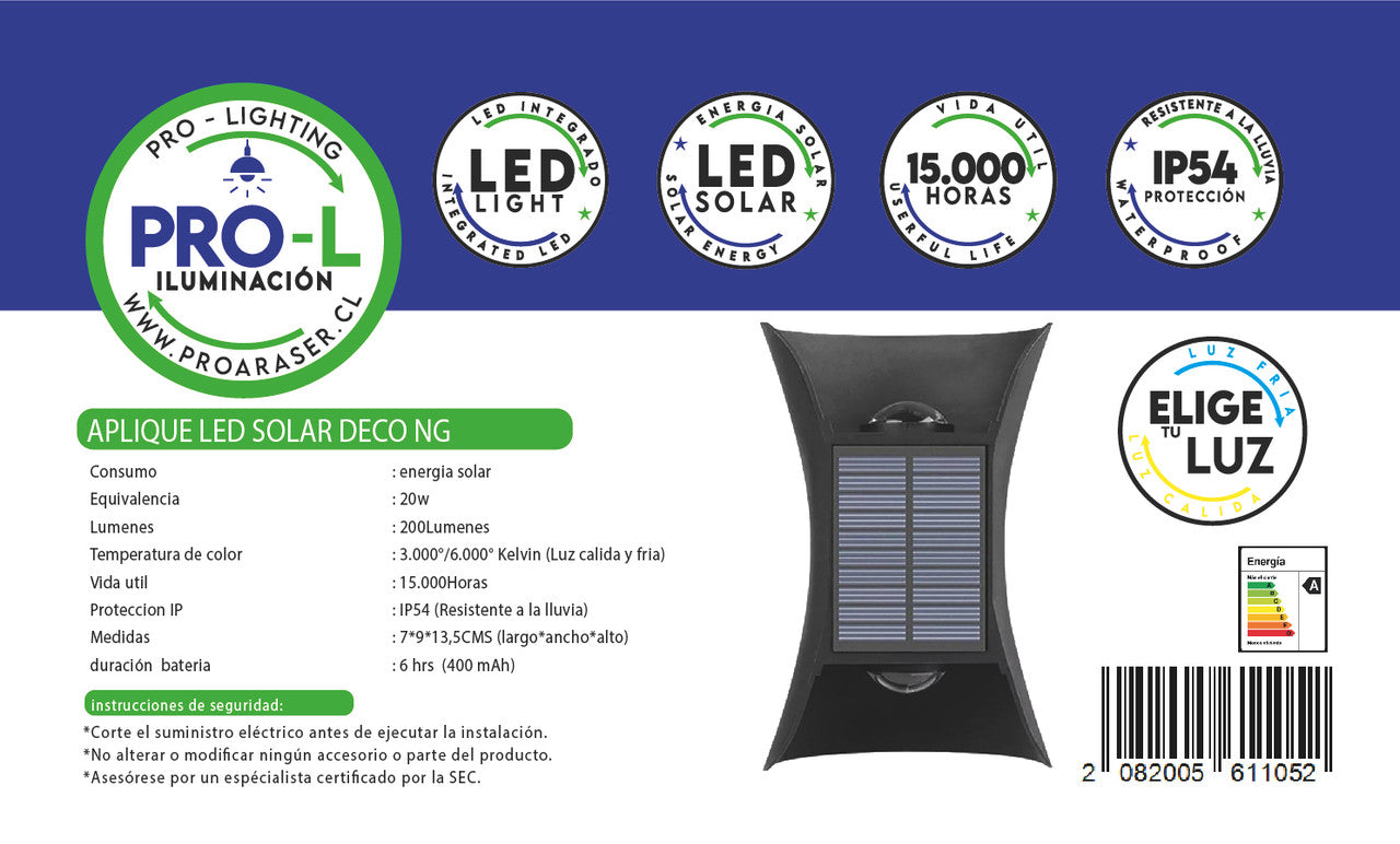Aplique led solar deco negro