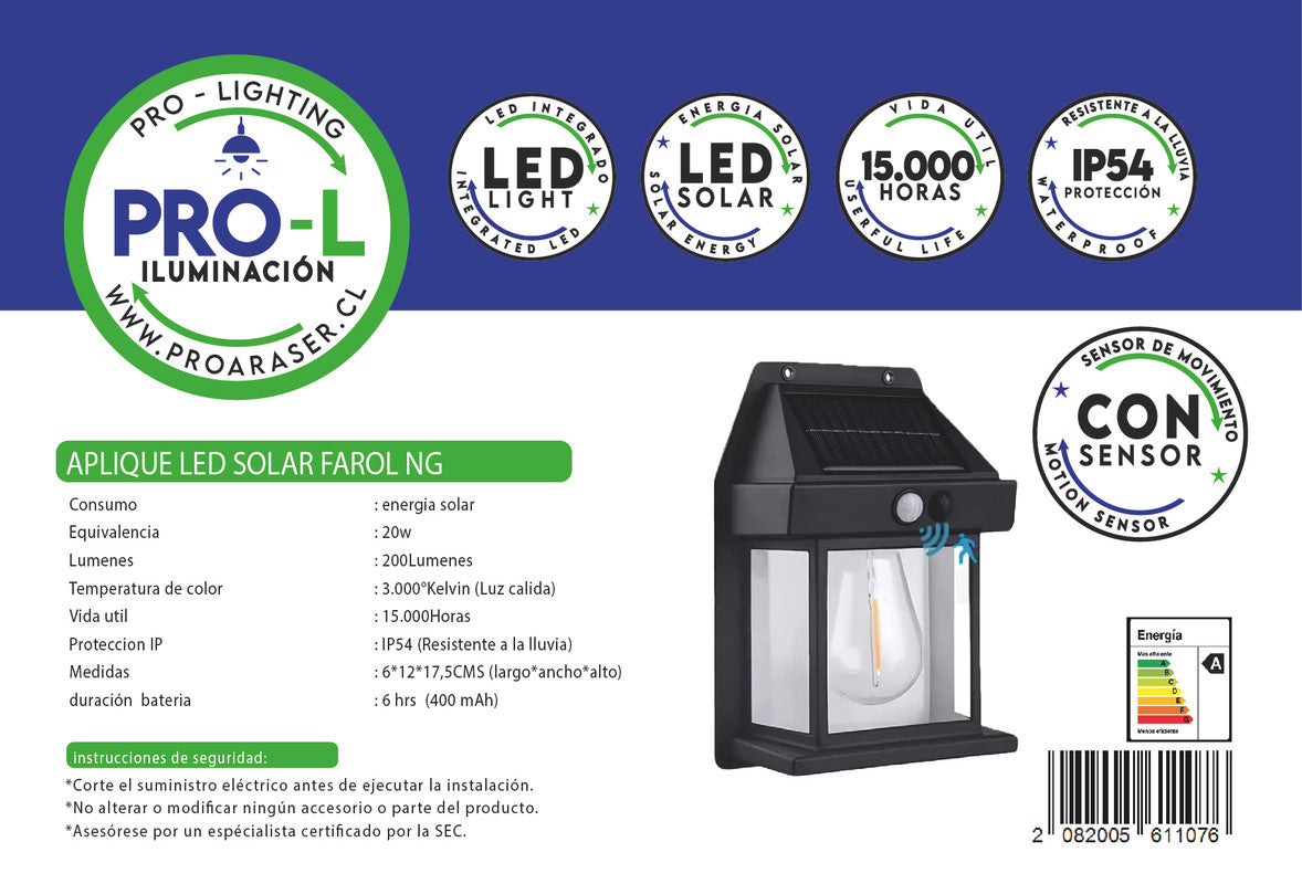 Aplique led solar farol negro
