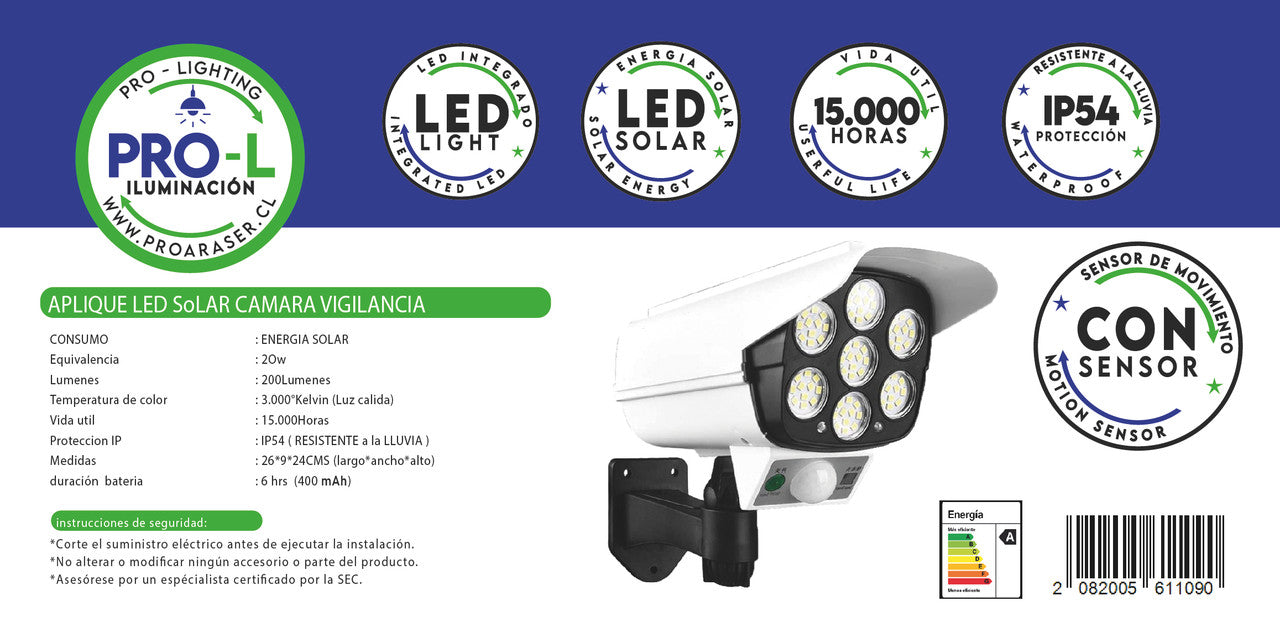 Aplique led solar camara vigilancia