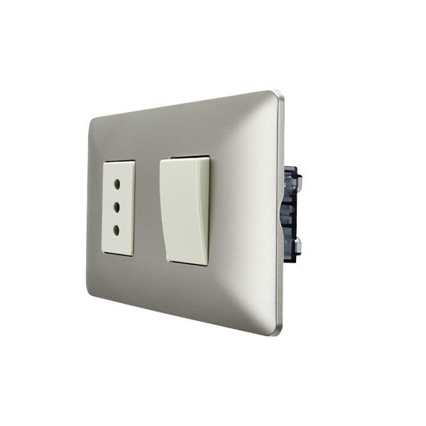 INTERRUPTOR SIMPLE (9/12) + ENCHUFE SIMPLE 10A 250V EMBUTIDO (CHAMPAGNE)