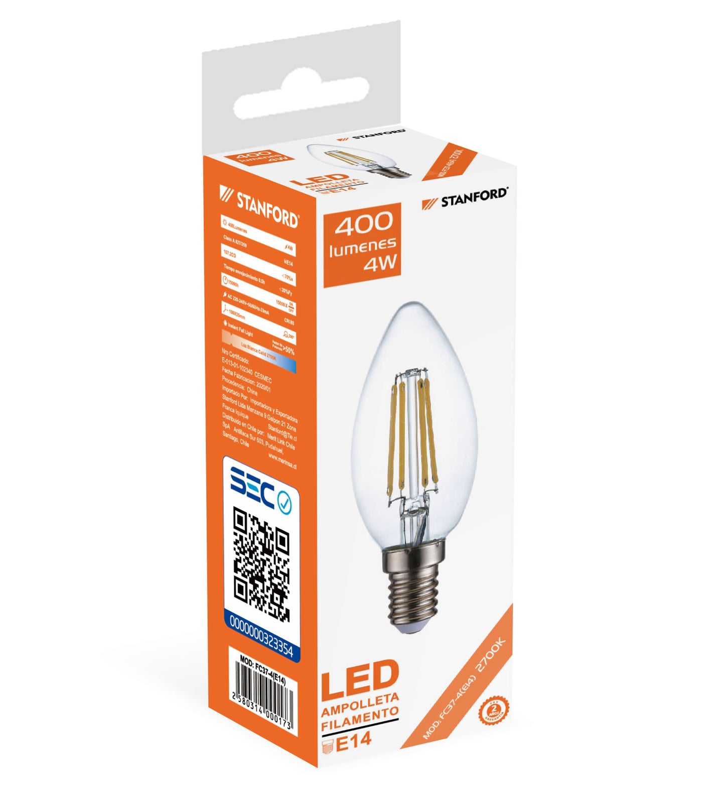 AMPOLLETA FILAMENTO VELA 4W 2700K E14