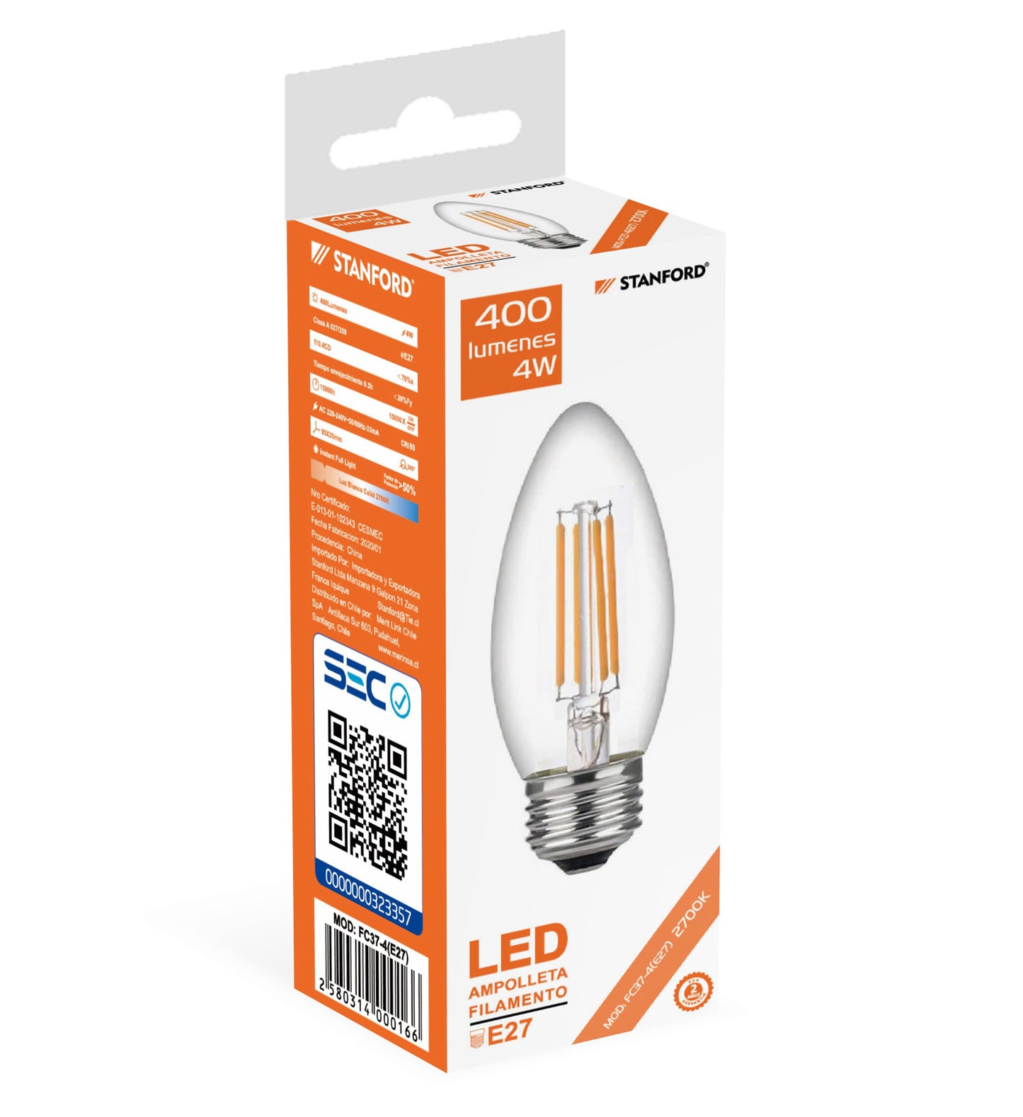 AMPOLLETA FILAMENTO VELA 4W 2700K E27
