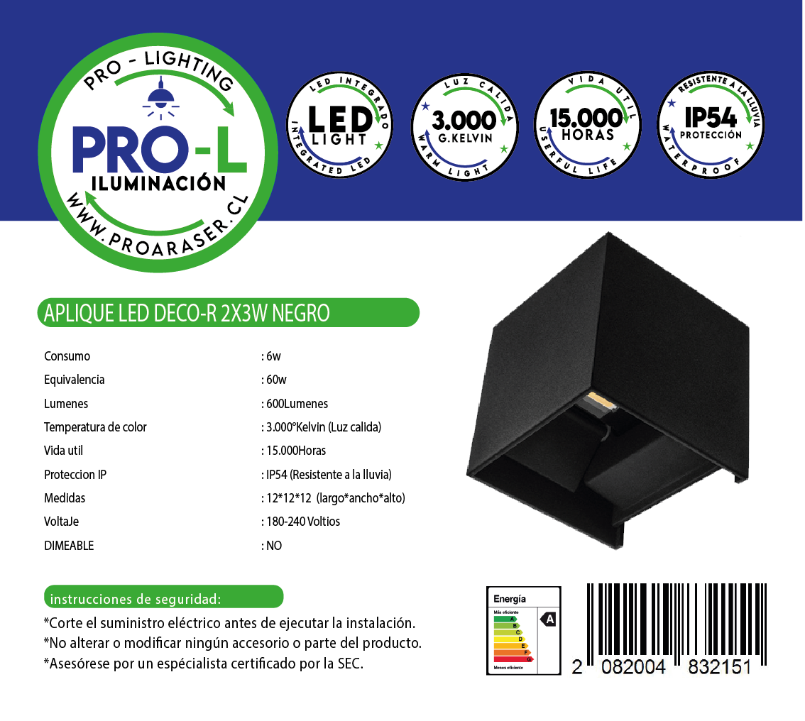 Aplique led 2x3w negro co