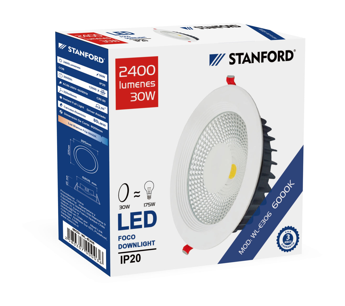FOCO LED DOWNLIGHT 20W 6500K (3 AÑOS)