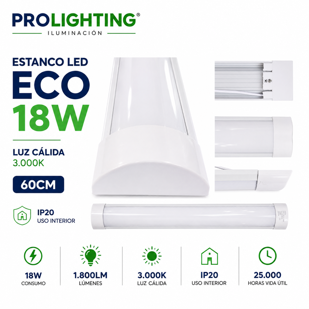 Tubo LED Estanco Canoa Plana Regleta Slim 60cm 18W Cálida
