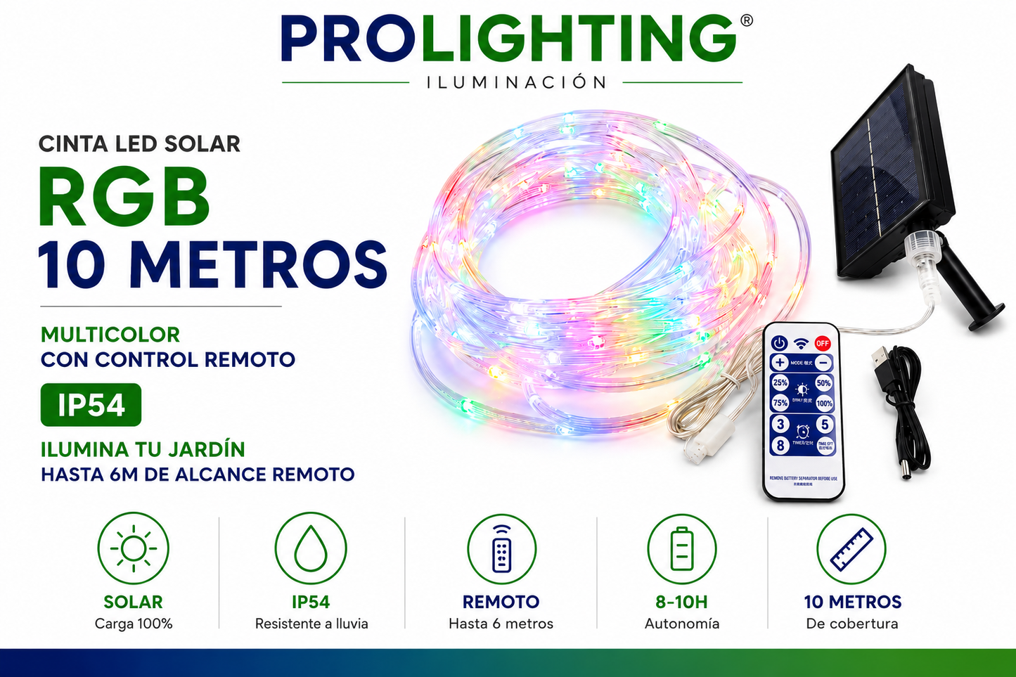 Tira Led Solar 10mts RGB IP65 con Estaca Panel