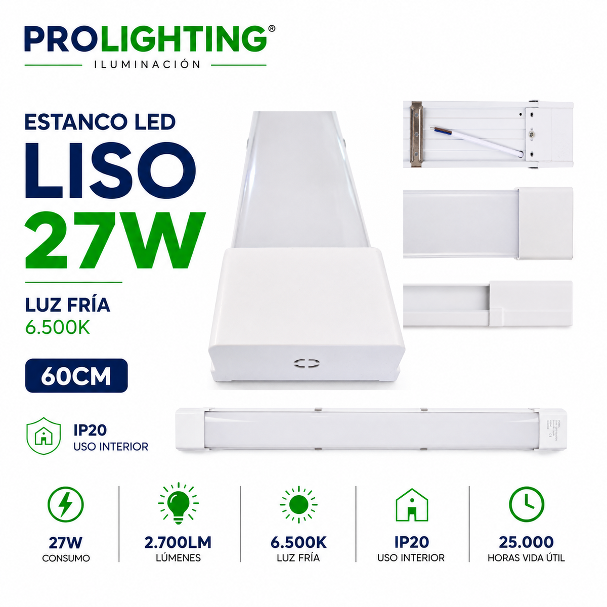 Tubo LED Estanco Canoa Plana Regleta Slim 60cm 27W Fría Liso