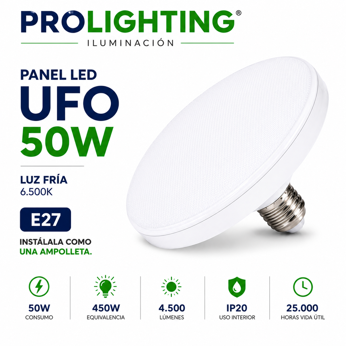 Ampolleta LED Foco Panel UFO Alta Potencia 50W Fría 22cm T220 E27