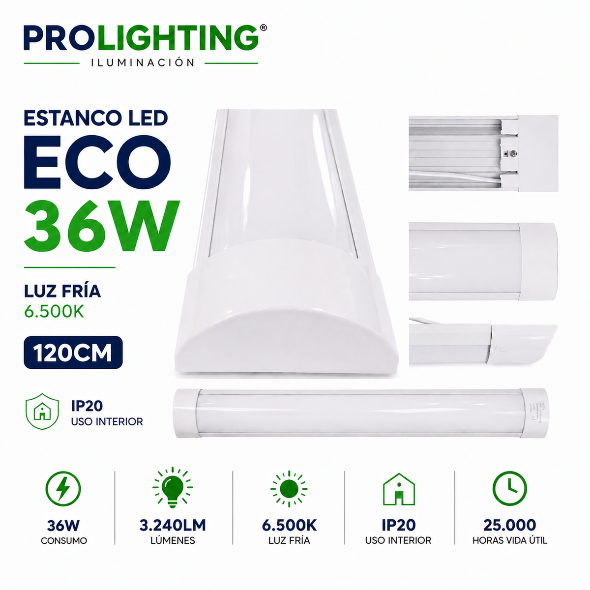 Tubo LED Estanco Canoa Plana Regleta Slim 120cm 36W Fría