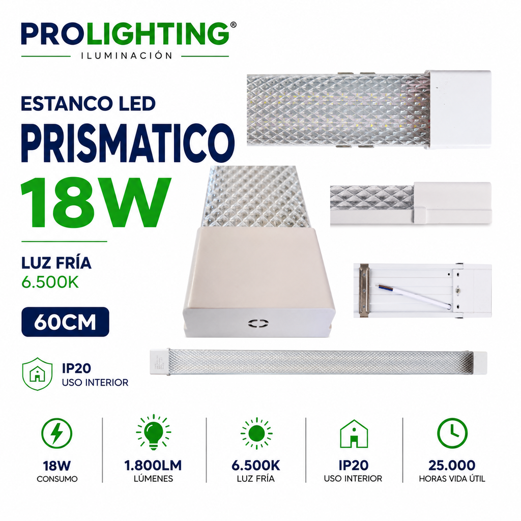 Tubo LED Estanco Canoa Plana Regleta Slim 60cm 18W Fría Prismático