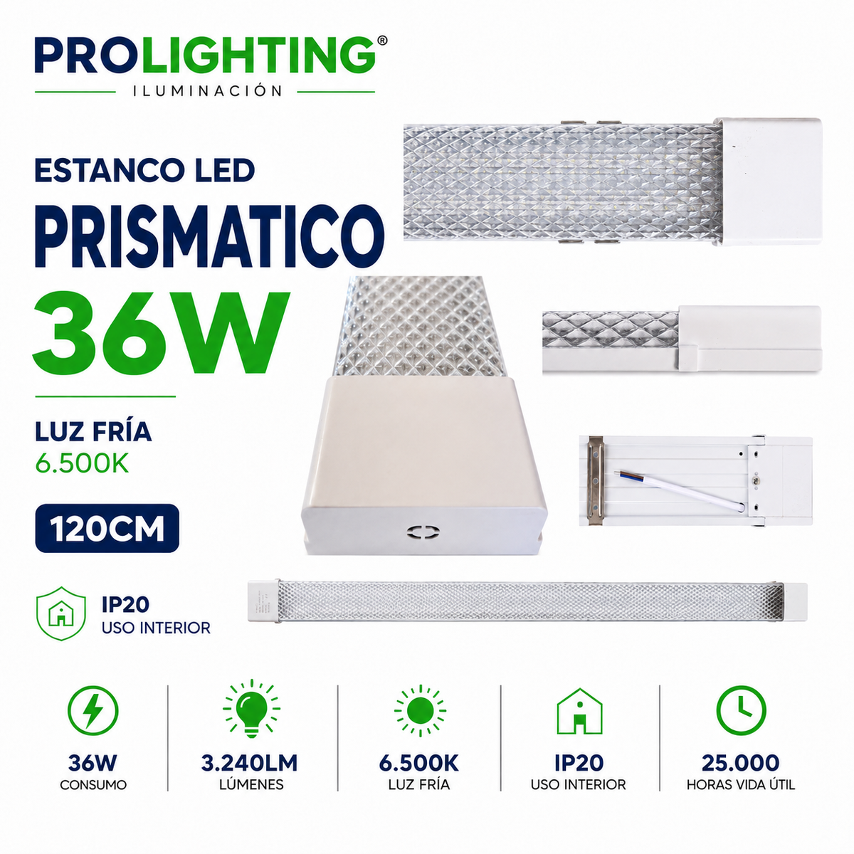Tubo LED Estanco Canoa Plana Regleta Slim 120cm 36W Fría Prismático