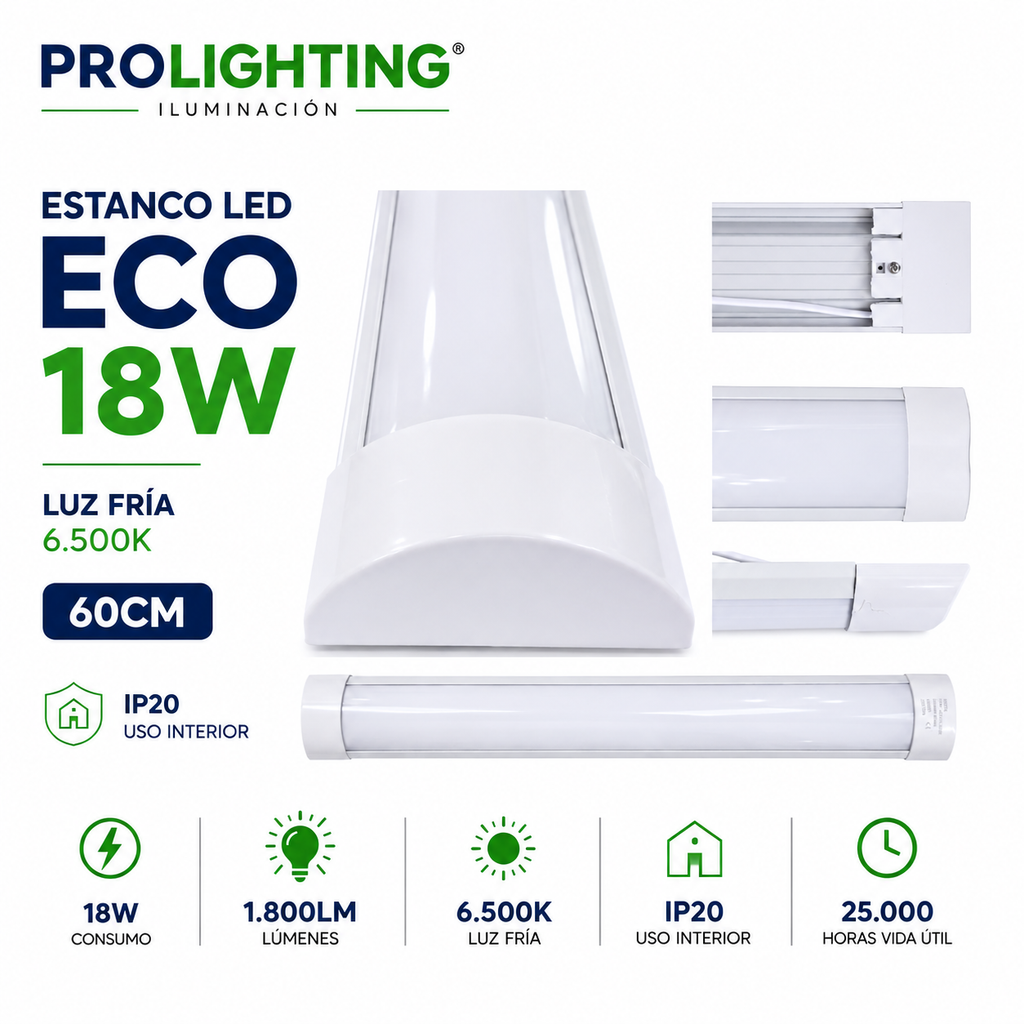 Tubo LED Estanco Canoa Plana Regleta Slim 60cm 18W Fría