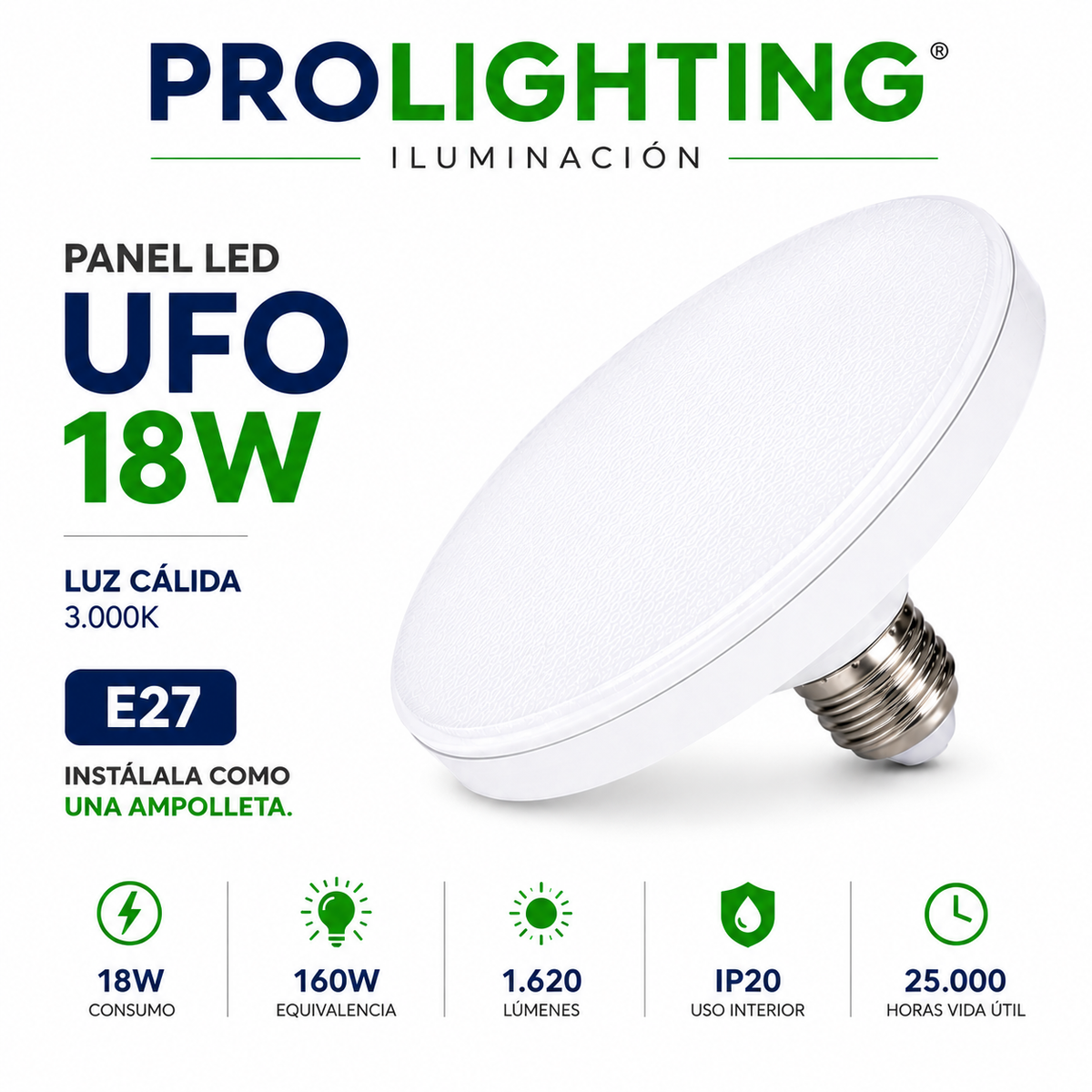 Ampolleta LED Foco Panel UFO Alta Potencia 18W Cálida 12cm T120 E27