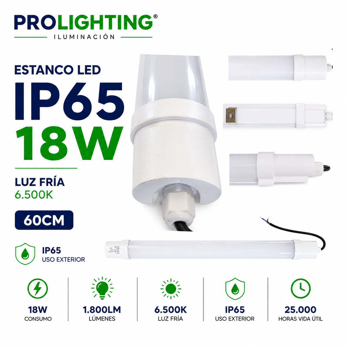 Tubo LED Estanco Canoa Plana Regleta Slim 60cm 18W Fría IP65