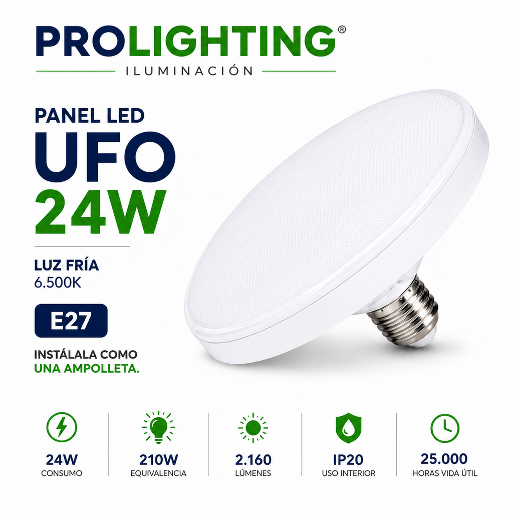 Ampolleta LED Foco Panel UFO Alta Potencia 24W Fría 15cm T150 E27