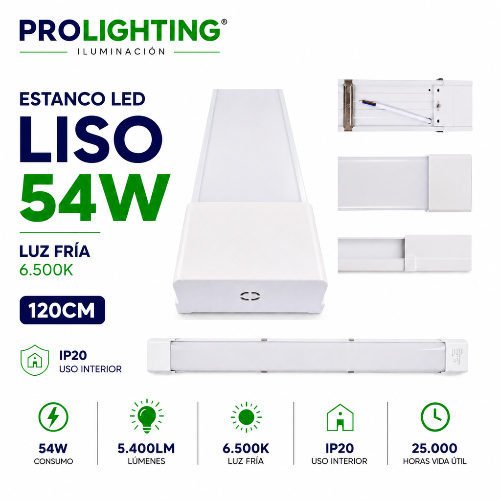 Tubo LED Estanco Canoa Plana Regleta Slim 120cm 54W Fría Liso