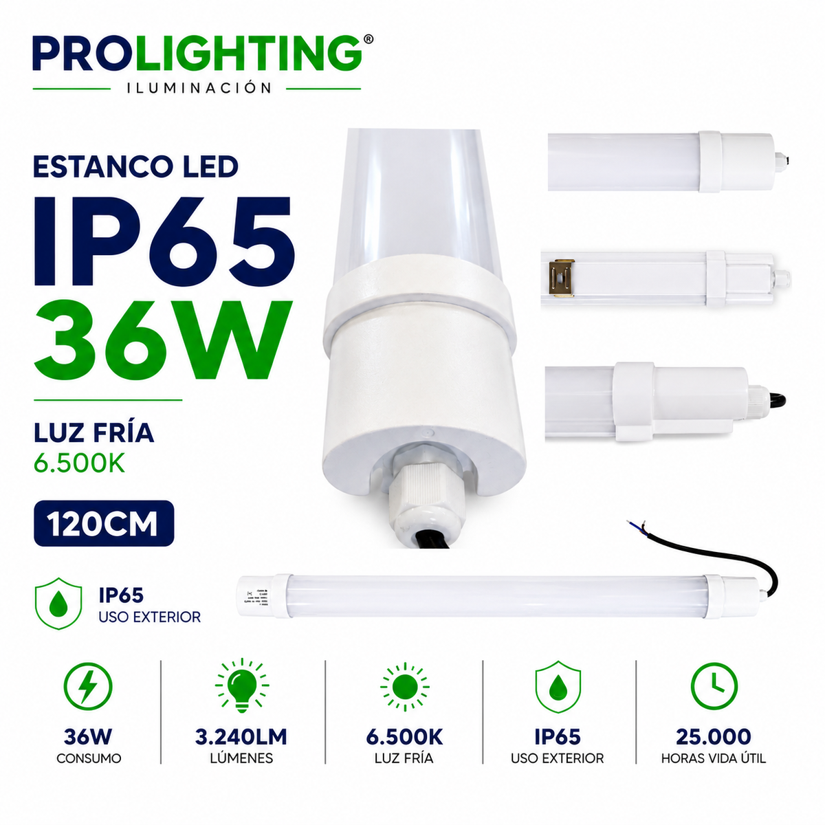 Tubo LED Estanco Canoa Plana Regleta Slim 120cm 36W Fría IP65