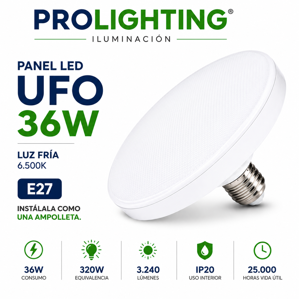 Ampolleta LED Foco Panel UFO Alta Potencia 36W Fría 18,5cm T185 E27