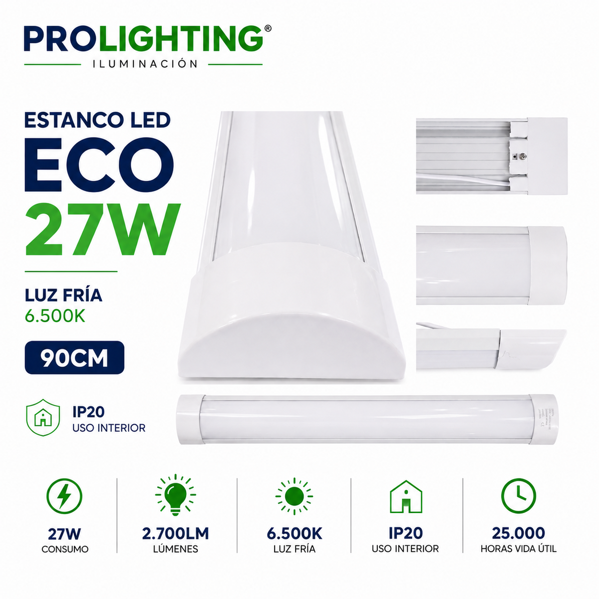 Tubo LED Estanco Canoa Plana Regleta Slim 90cm 27W Fría