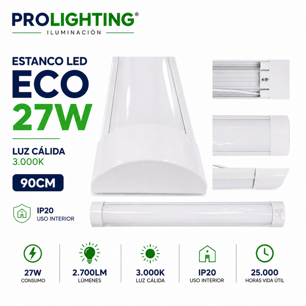 Tubo LED Estanco Canoa Plana Regleta Slim 90cm 27W Cálida