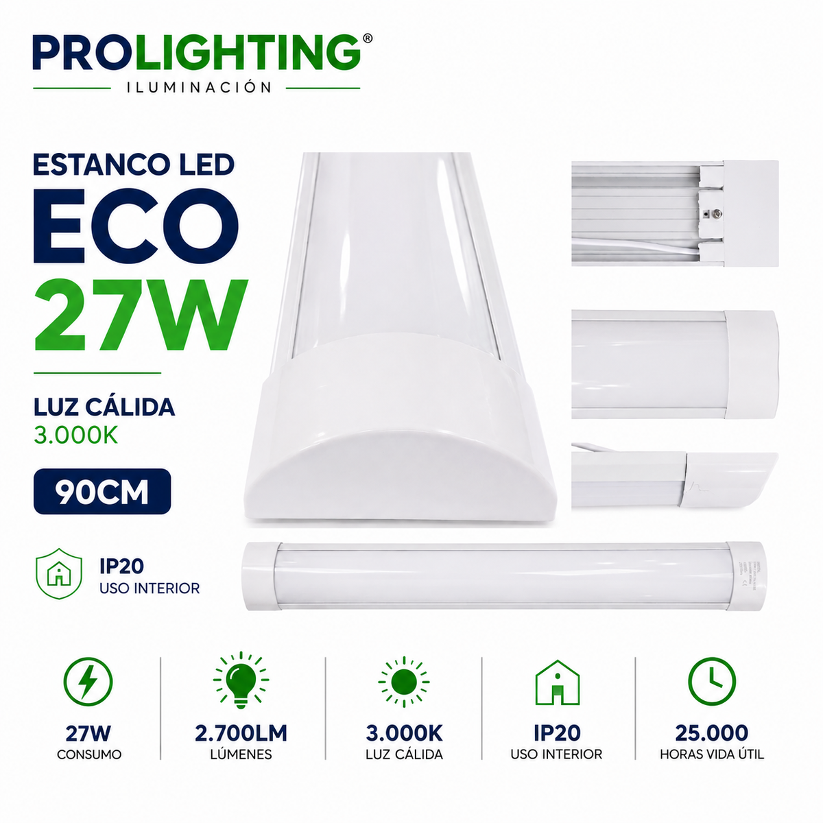 Tubo LED Estanco Canoa Plana Regleta Slim 90cm 27W Cálida