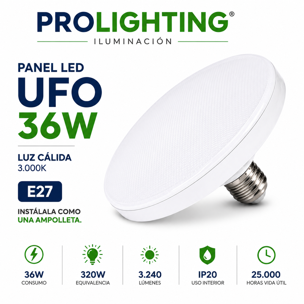 Ampolleta LED Foco Panel UFO Alta Potencia 36W Cálida 18,5cm T185 E27