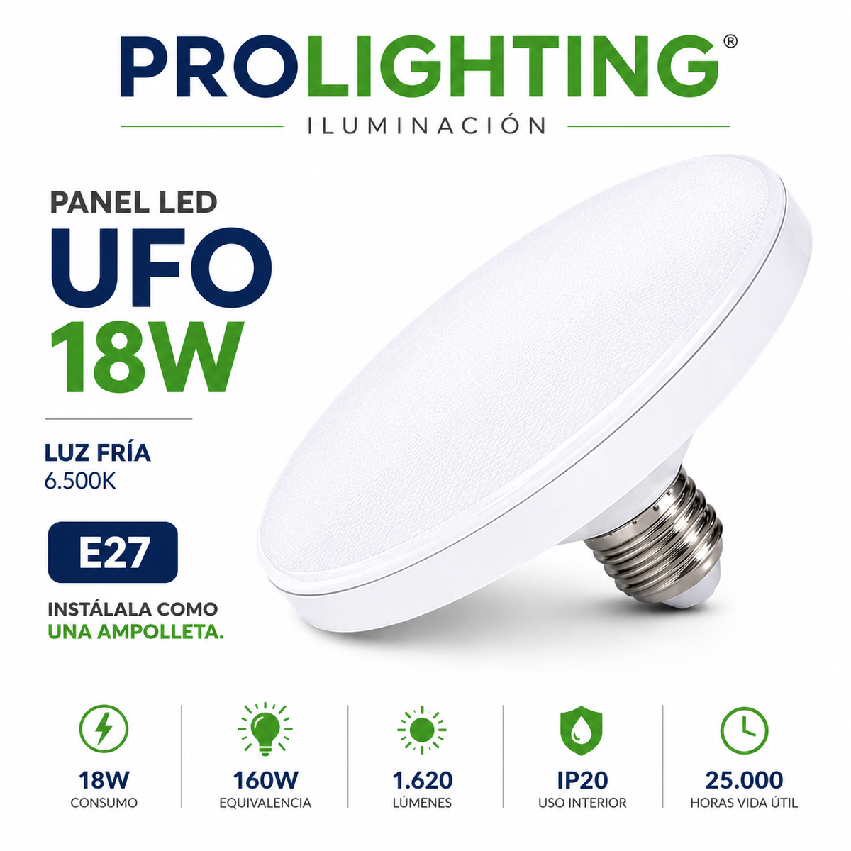 Ampolleta LED Foco Panel UFO Alta Potencia 18W Fría 12cm T120 E27