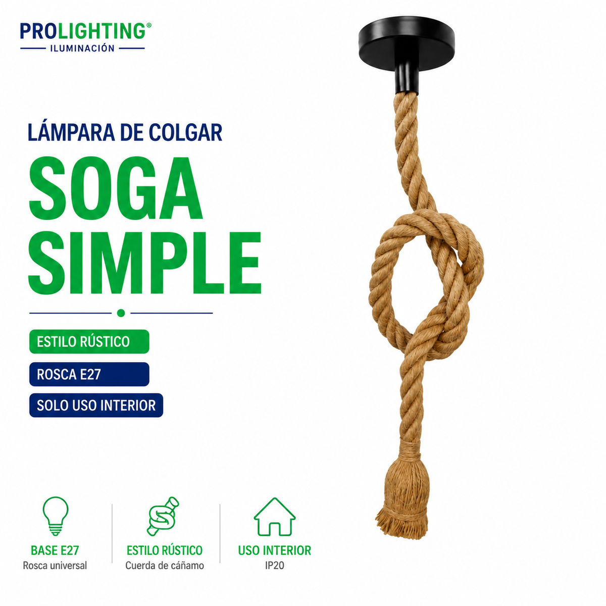 Lampara Colgante Soga Simple Trenzada Yute Cañamo Base E27
