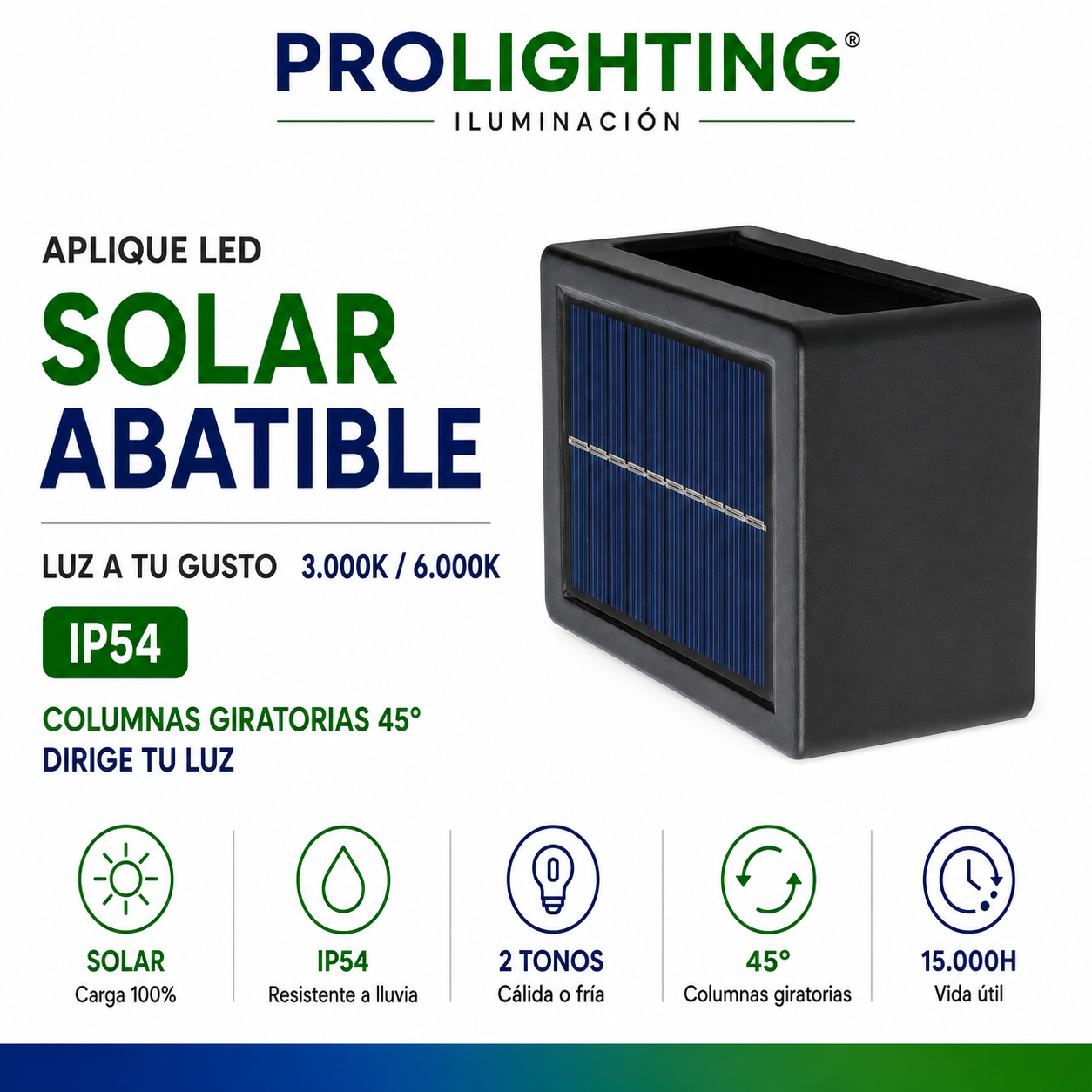 Aplique Solar LED Abatible Direccionable Calida y Fria