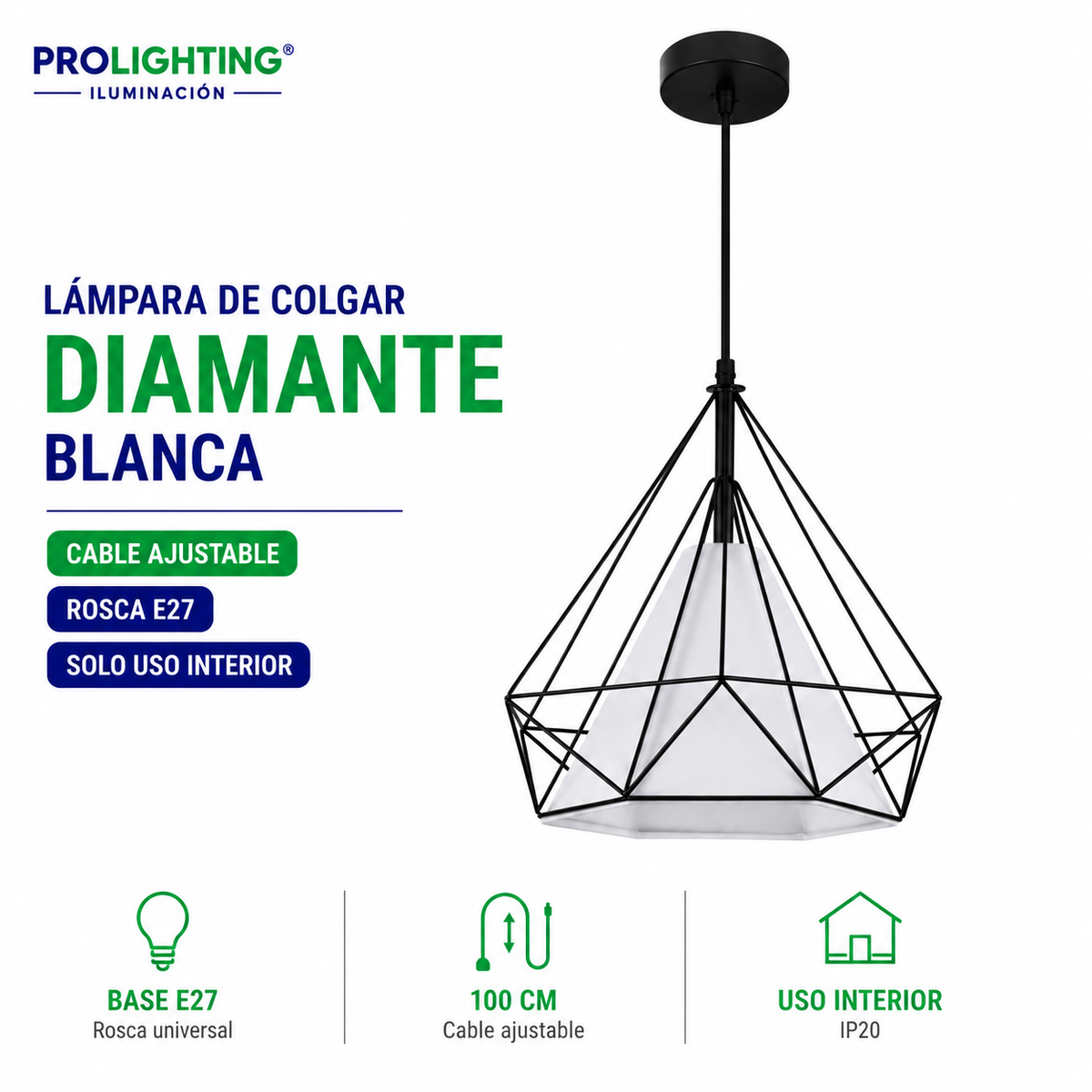 Lampara Colgante Diamante Blanca Jaula Metal Base E27
