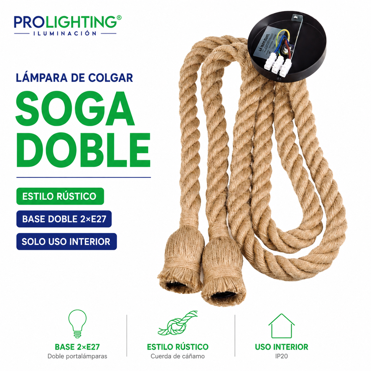 Lampara Colgante Soga Doble Trenzada Yute Cañamo Base E27