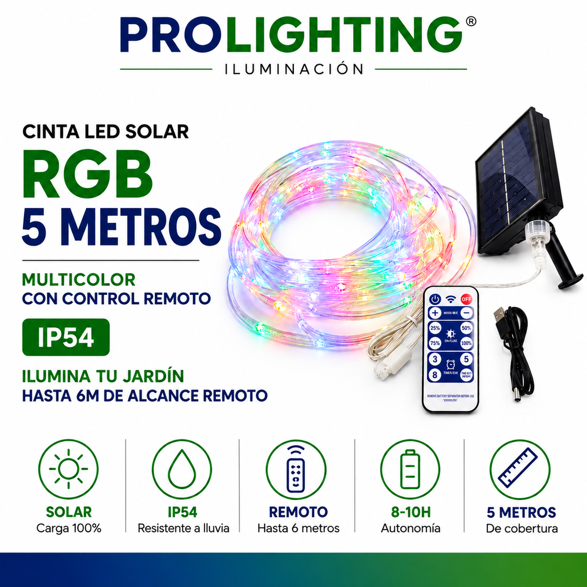 Tira LED Solar 5mts RGB IP54 con Estaca Panel