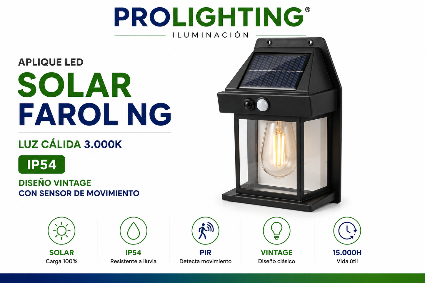 Farol Solar LED Vintage Sensor Movimiento Exterior impermeable IP54