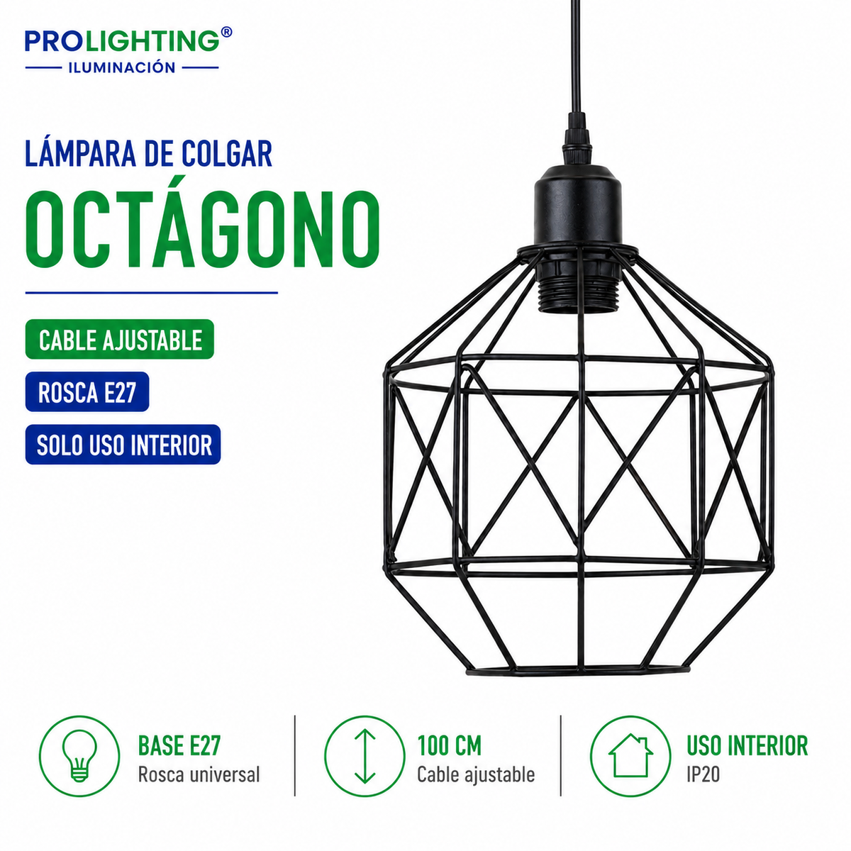 Lampara Colgante Octagono Jaula Metal Negra Diseño Tambor E27