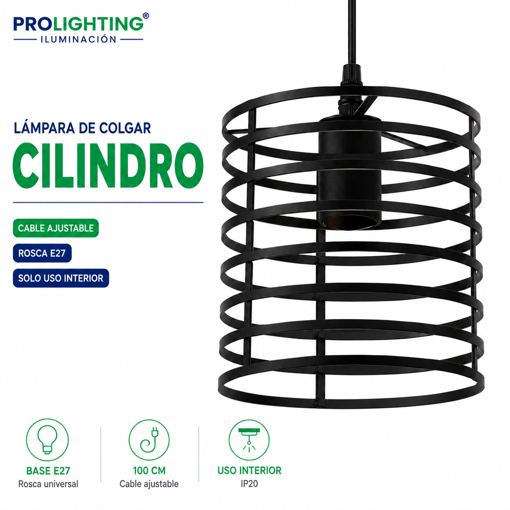 Lampara Colgante Cilindro Jaula Metal Base Negra E27 Retro