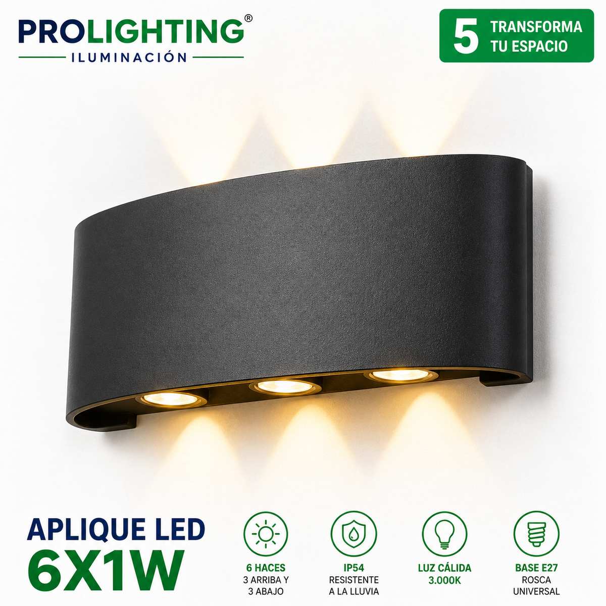 Aplique LED Curvo 6 Luces Doble Haz Arriba Abajo Exterior