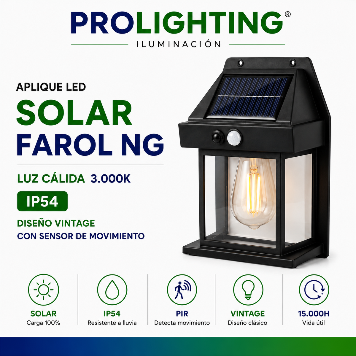 Farol Solar LED Vintage Sensor Movimiento Exterior impermeable IP54