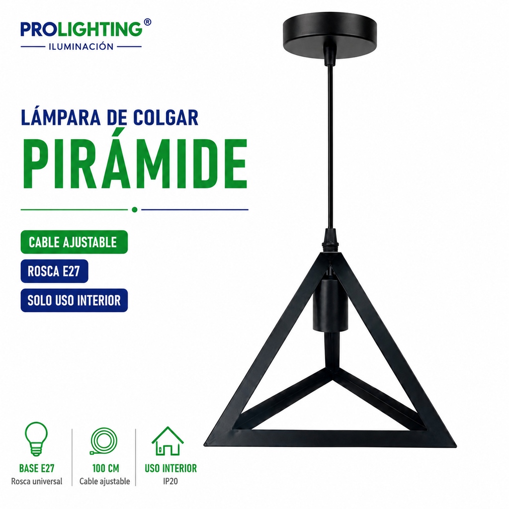 Lampara Colgante Pirámide Triangular Metal Negro Diseño Base E27