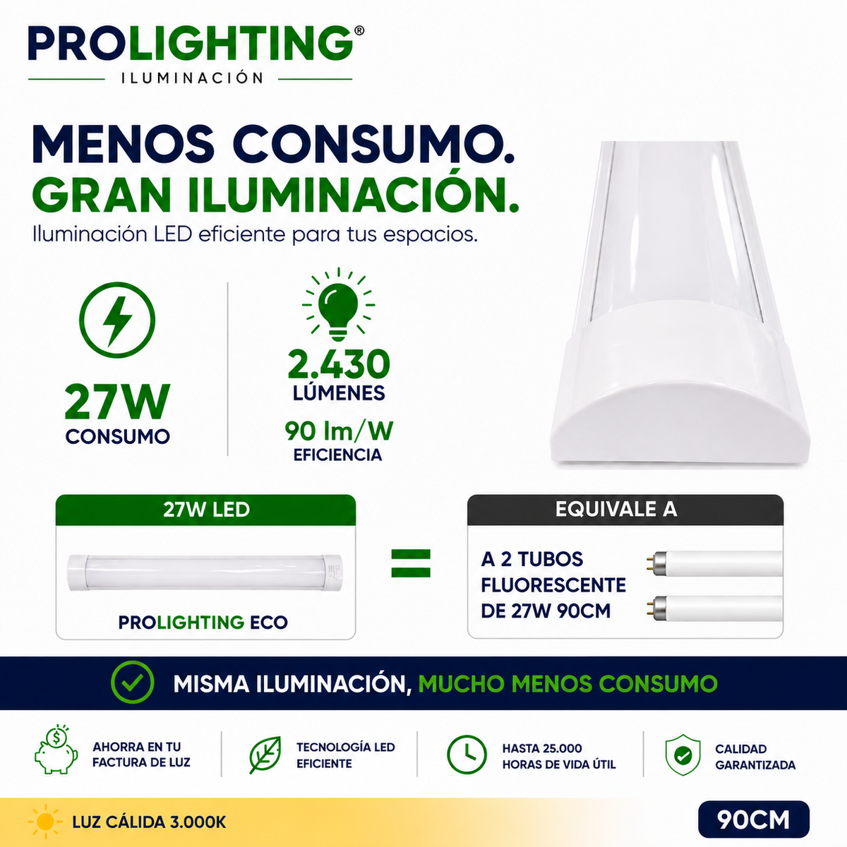 Tubo LED Estanco Canoa Plana Regleta Slim 90cm 27W Cálida