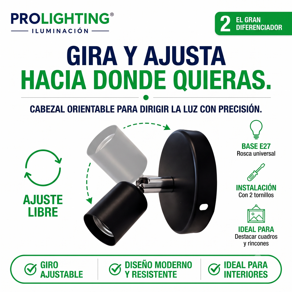 Aplique Muro Abatible Decorativo Para Ampolleta E27 Negro