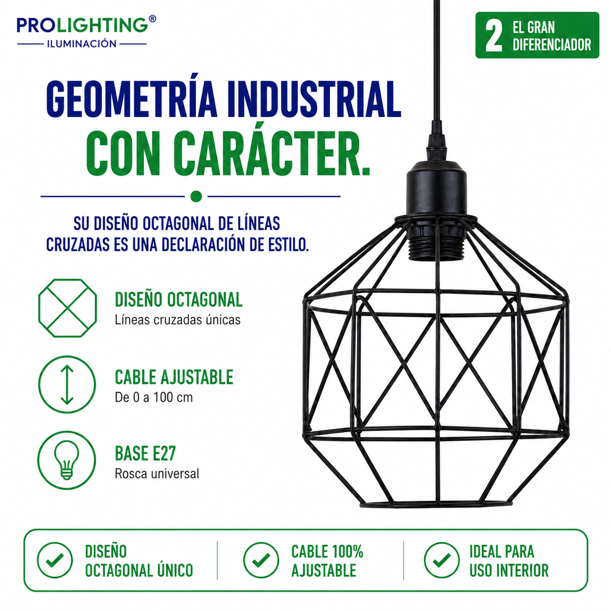Lampara Colgante Octagono Jaula Metal Negra Diseño Tambor E27
