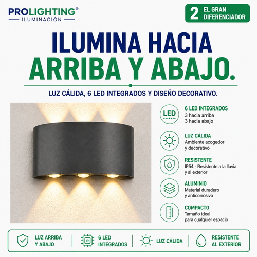 Aplique LED Curvo 6 Luces Doble Haz Arriba Abajo Exterior