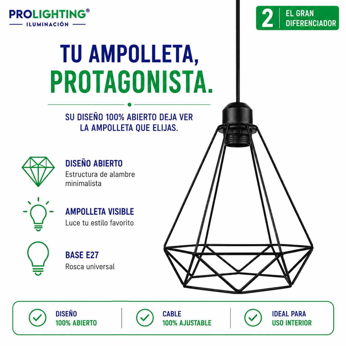 Lampara Colgante Diamante Negra Jaula Metal Abierta Base E27
