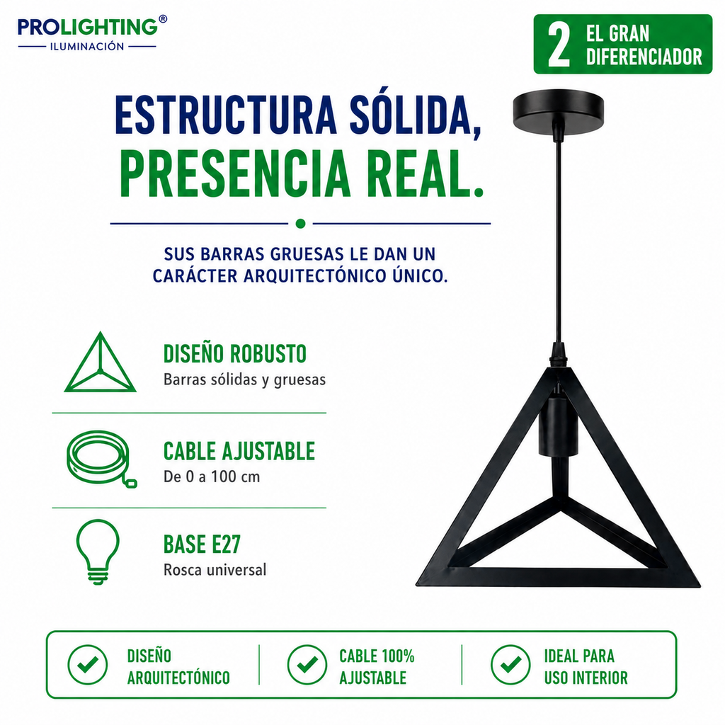 Lampara Colgante Pirámide Triangular Metal Negro Diseño Base E27